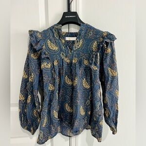 Indy ruffled Anthropologie Navy Blouse with Gold Paisley size XS